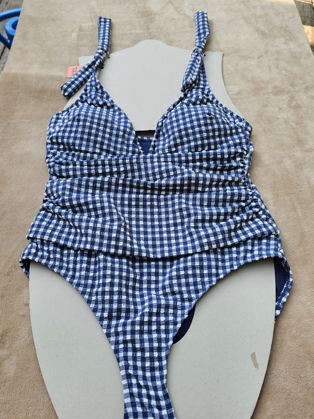 Ellen Tracy Blue Gingham  One-Piece Swim Suit. XXL